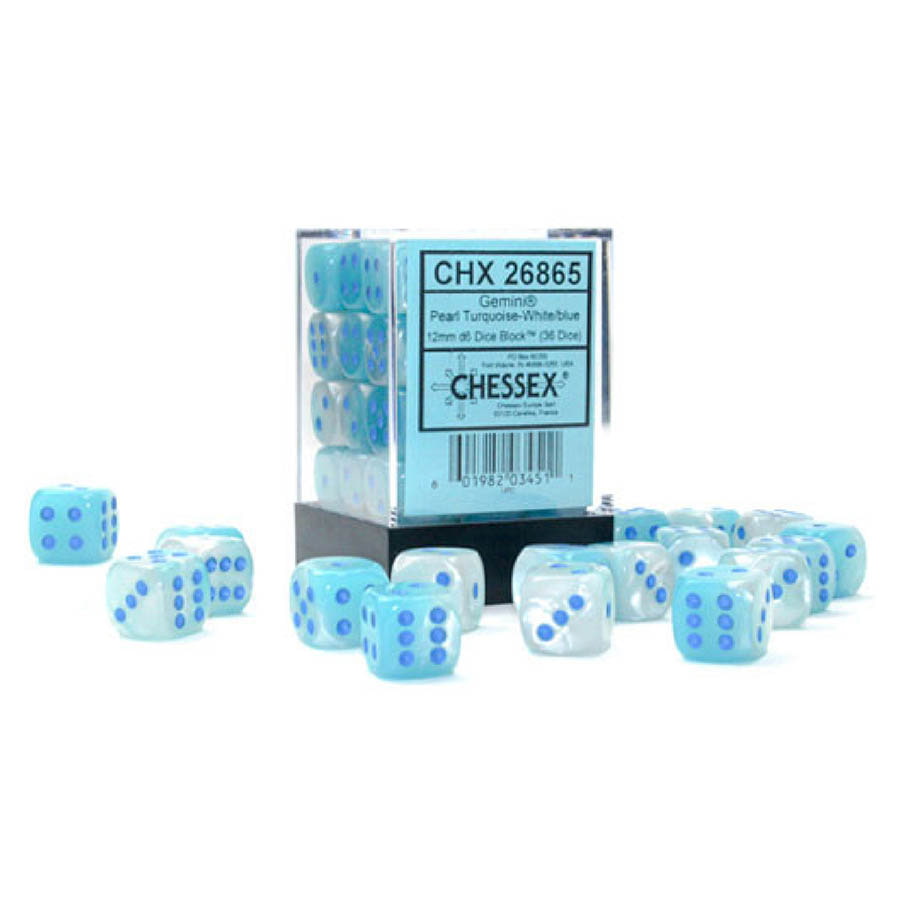 Chessex 12mm D6 (set of 36) Gemini Pearl Turqouise/White/Blue