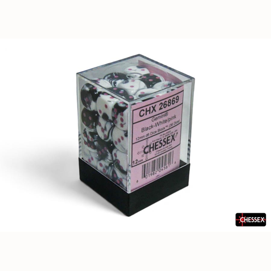 Chessex 12mm D6 (set of 36) Gemini BLACK-WHITE WITH PINK