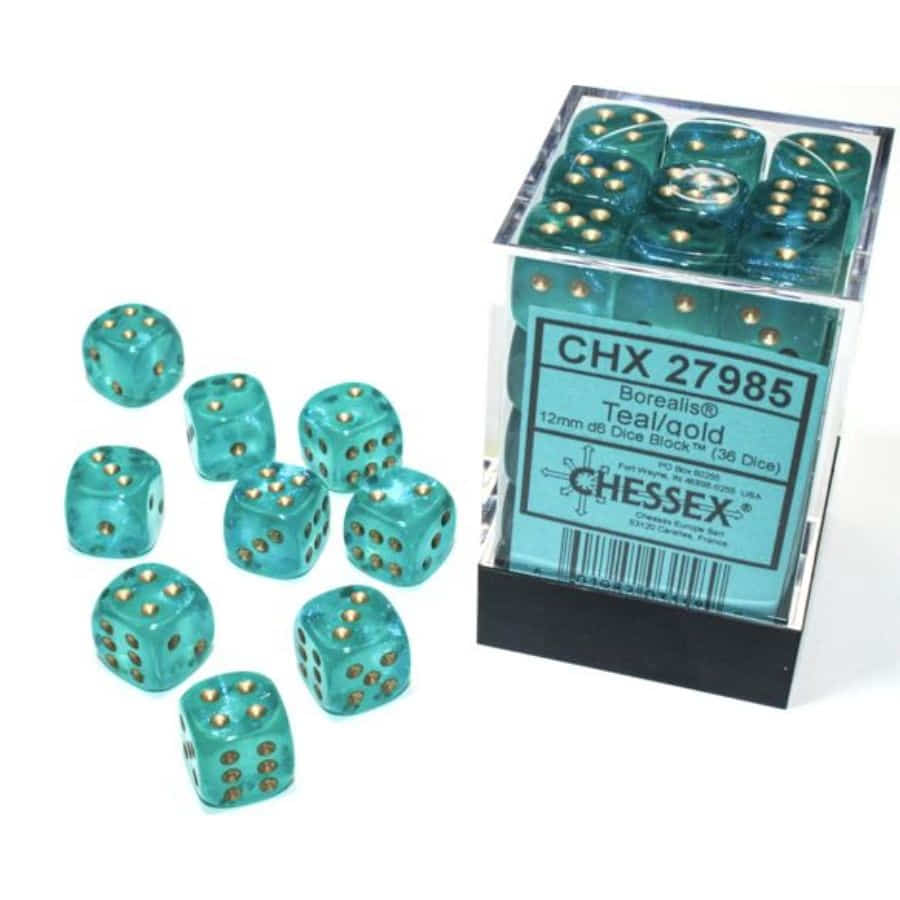 Chessex 12mm D6 (set of 36) Borealis Teal/Gold